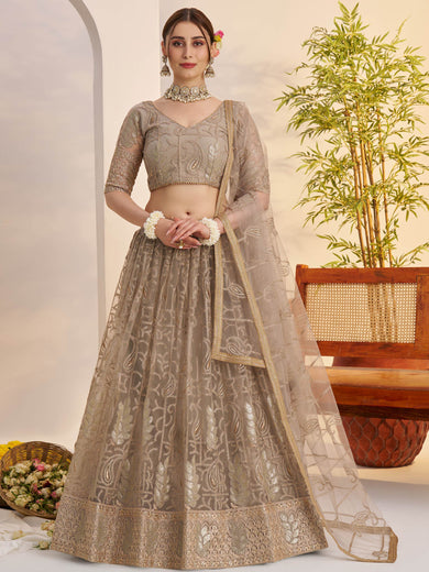 Gleaming Gray Sequins Net Bridesmaid Lehenga Choli With Dupatta